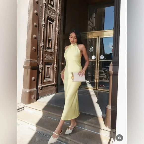 Zara butter Yellow Backless Halter maxi Dress holiday evening wedding - Picture 5 of 16